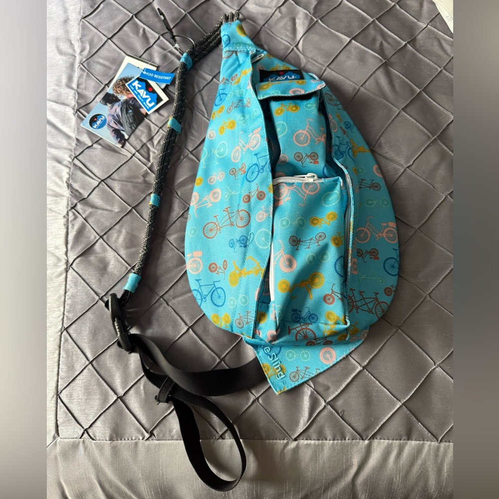 Kavu Bright Blue Cute Bicycle Print Rope Sling- tons of pockets!